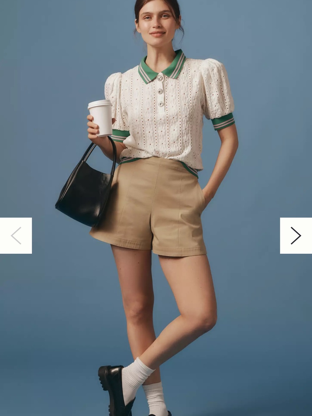 Anthropologie white puff sleeve Eyelet Polo with Green Striped Trim sz L